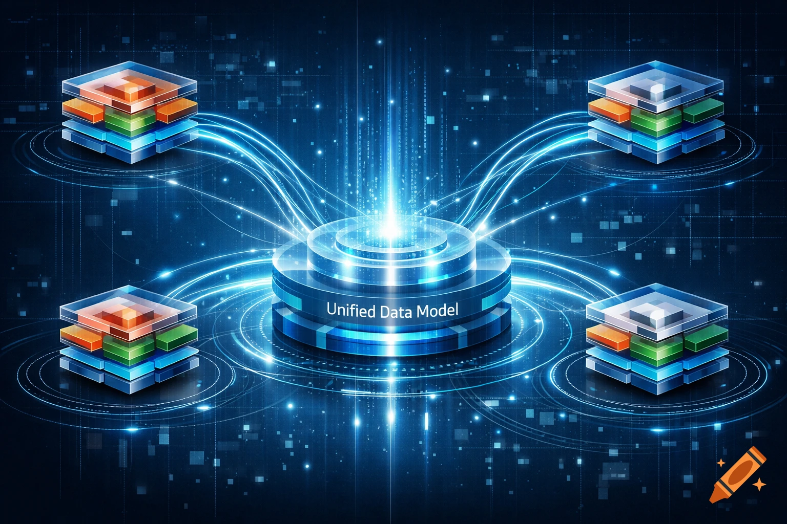 Central glowing 'Unified Data Model' cylinder connects to four layered cube structures with blue lines on a dark digital background.