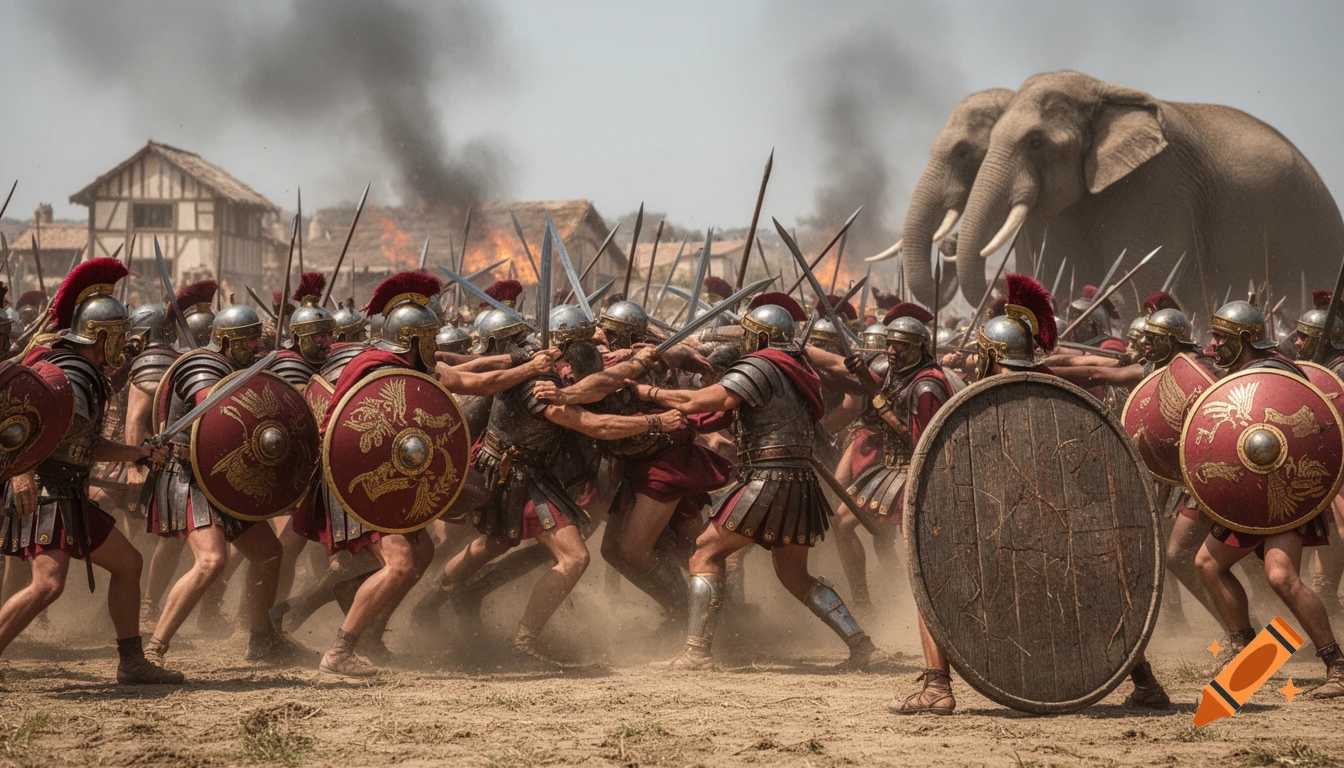 Realistic ancient Punic Wars battle with Roman soldiers in close combat against Carthaginian forces and war elephants, set on a dusty field with burning houses.
