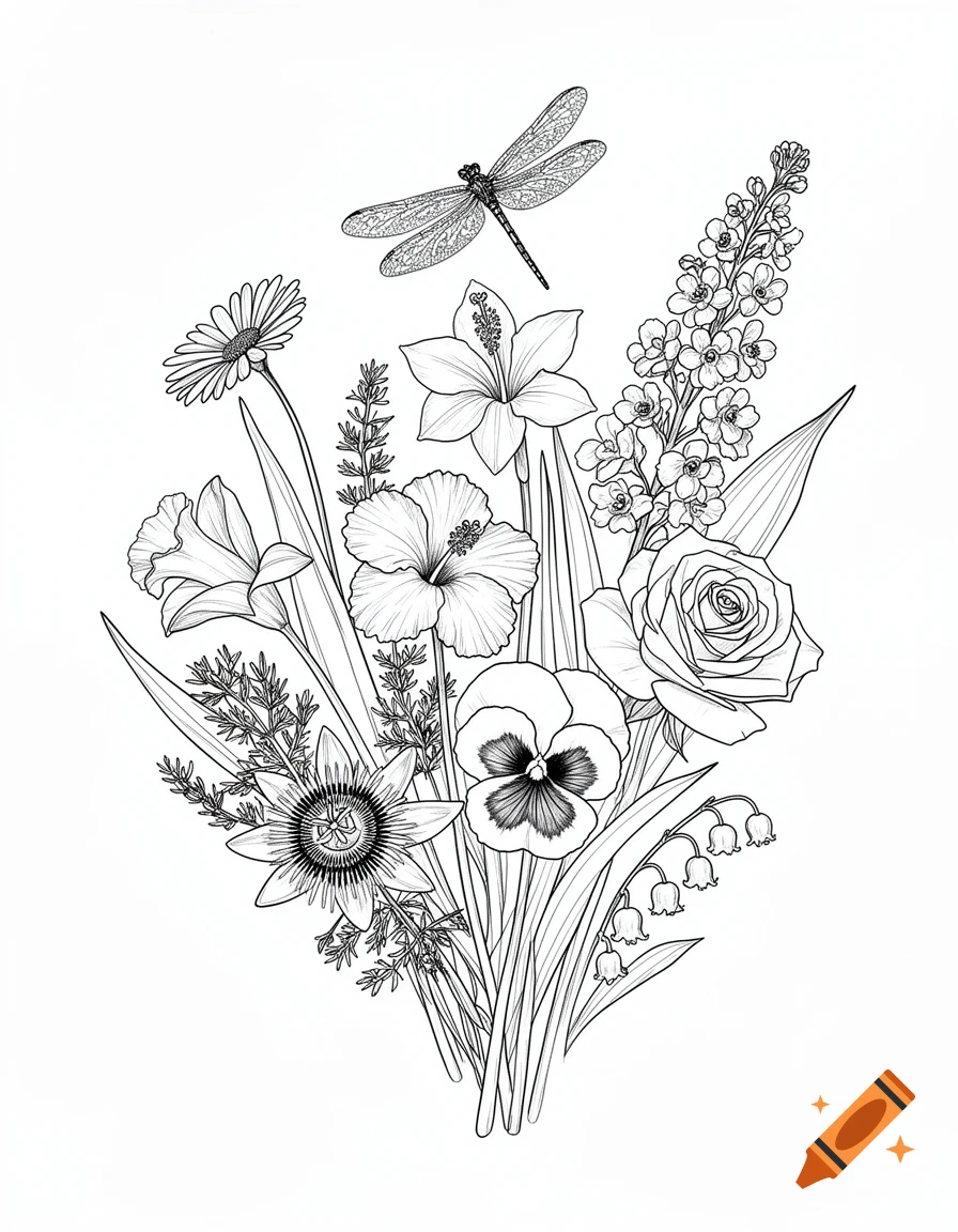 Black outline drawing of a diverse floral bouquet including daisies, daffodils, hibiscus, pansies, roses, lilies of the valley, and a dragonfly flying above.