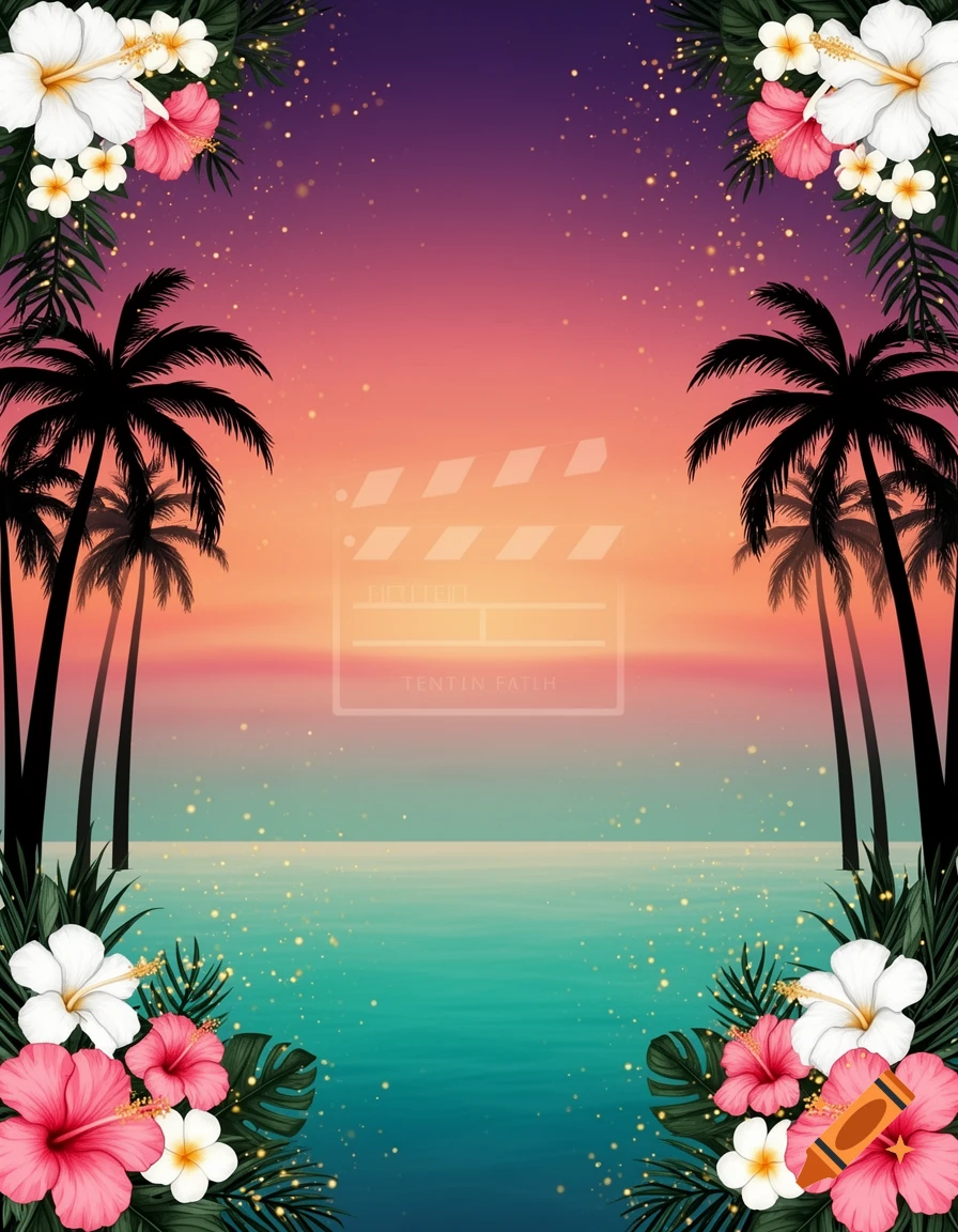Tropical sunset background with palm trees, hibiscus flowers, and a faded film clapboard over a turquoise lagoon.