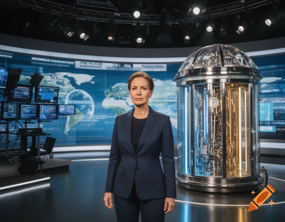 A woman in a navy suit stands in a news studio with a futuristic time machine and world map screens in the background.