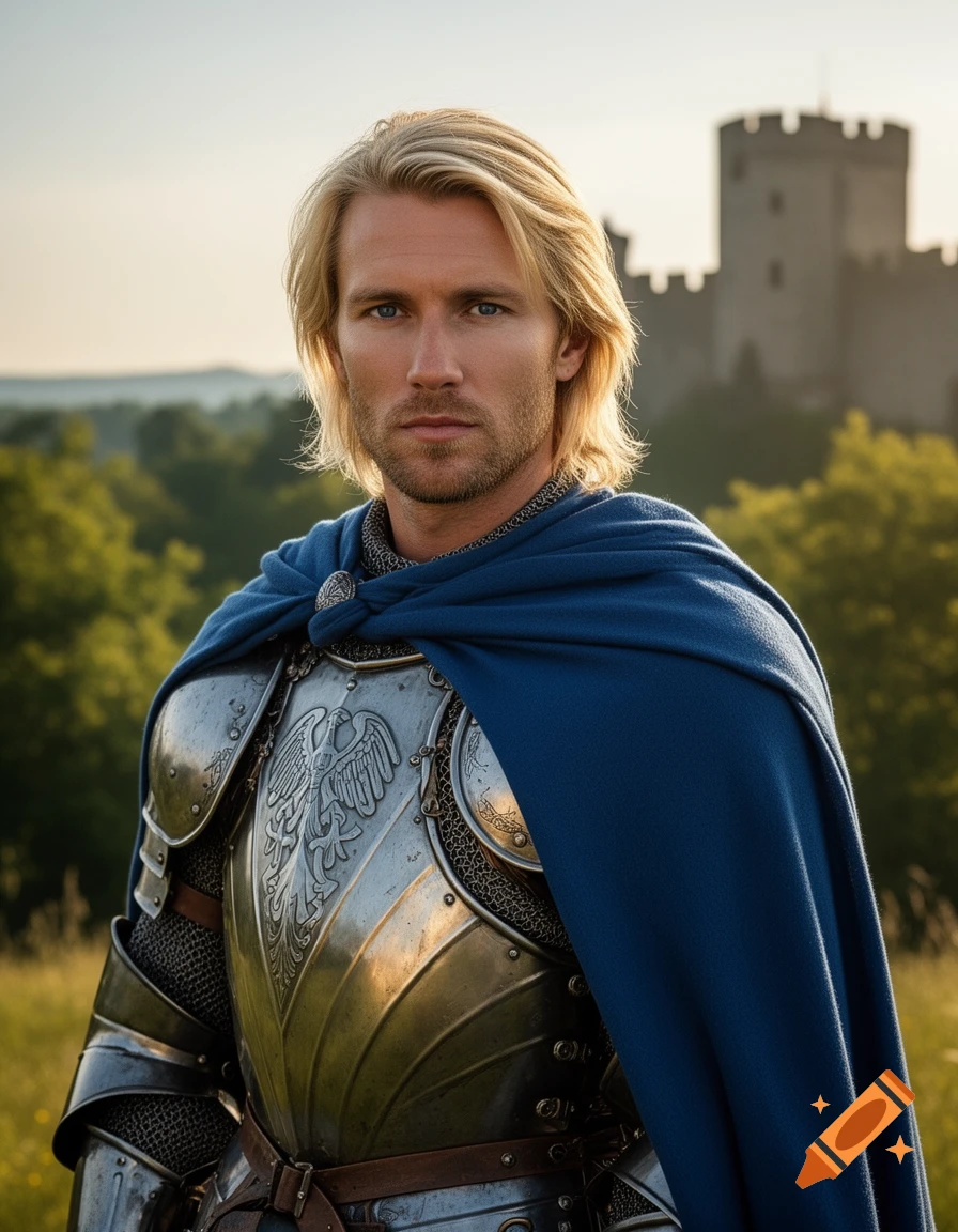 A handsome blonde knight in shining armor and a blue cape stands in a ...