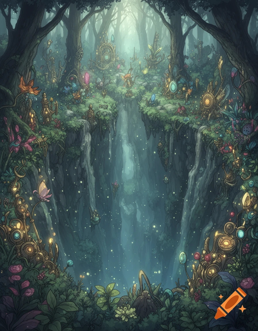 Detailed illustration of a lush, mystical fantasy forest with glowing, intricate plants and ancient-looking structures surrounding a deep, misty chasm.