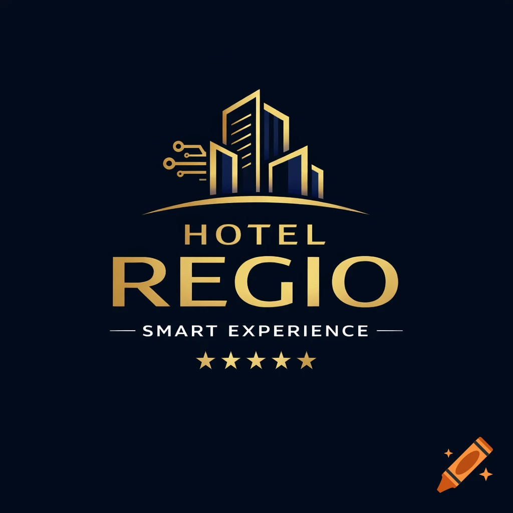 Hotel Regio Smart Experience logo with gold stylized buildings, technological lines, and five stars on a dark blue background.