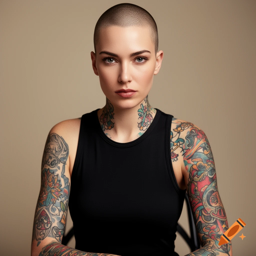 A woman with a shaved head and colorful tattoos on her arms and neck ...