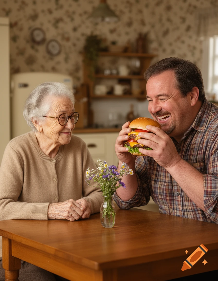 An older woman smiles at a laughing man holding a large double cheeseburger at a wooden table with flowers.