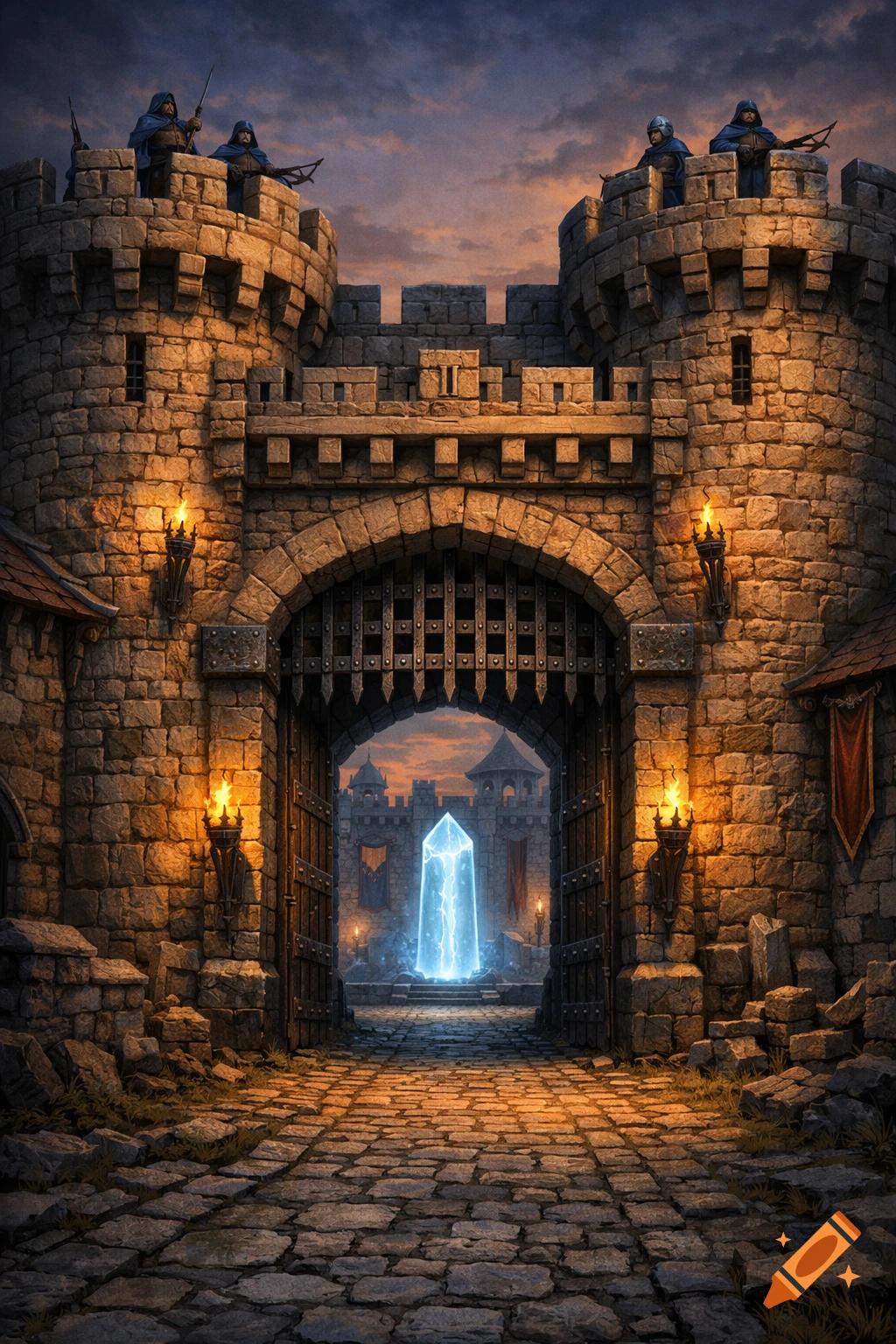 A fantasy castle gate at dusk, flanked by two towers with cloaked guards, leading to a glowing blue crystal in a courtyard.