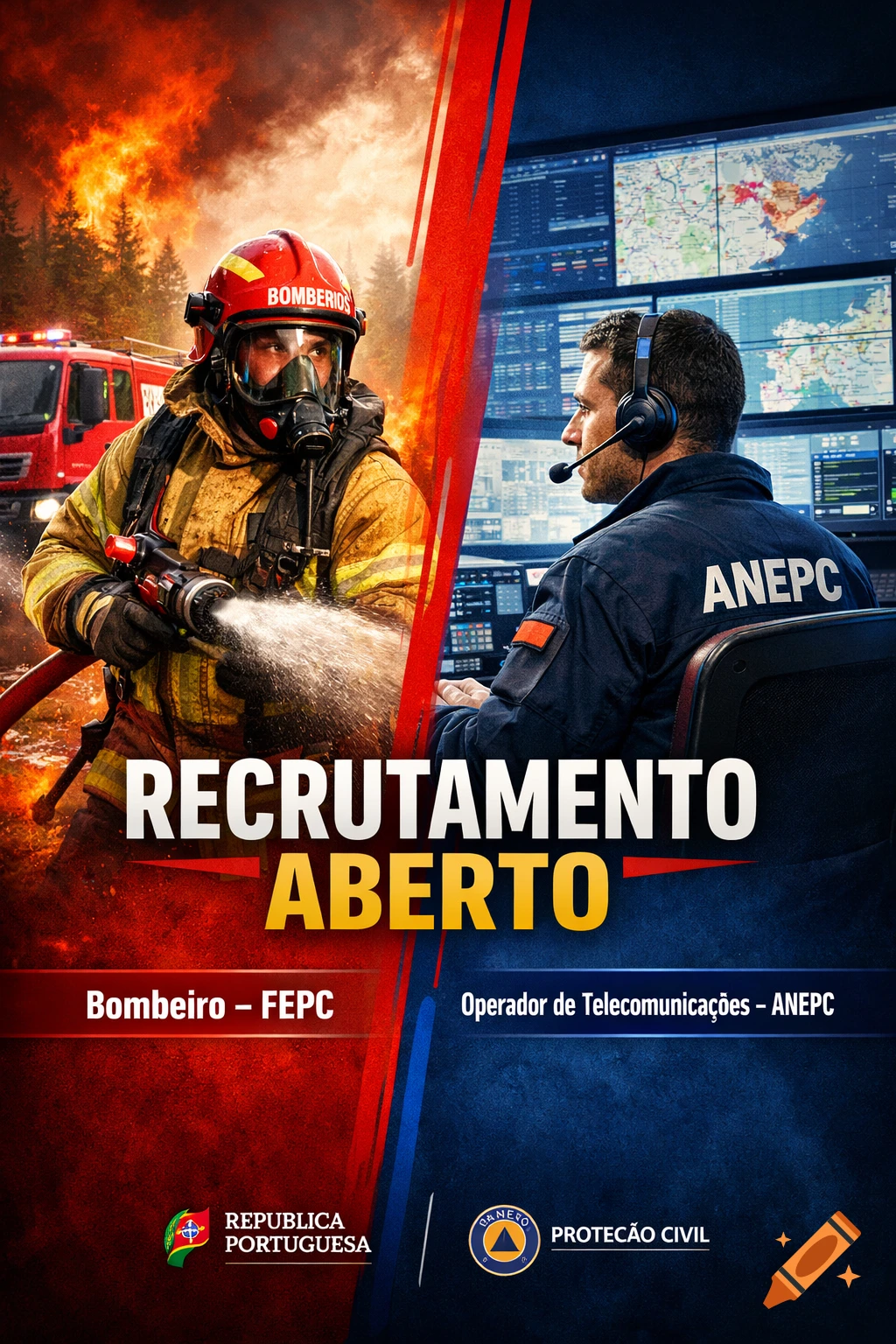Recruitment poster with a firefighter fighting a forest fire on the left and a telecommunications operator at a control desk on the right. Both sections are red and blue respectively, with Portuguese text.