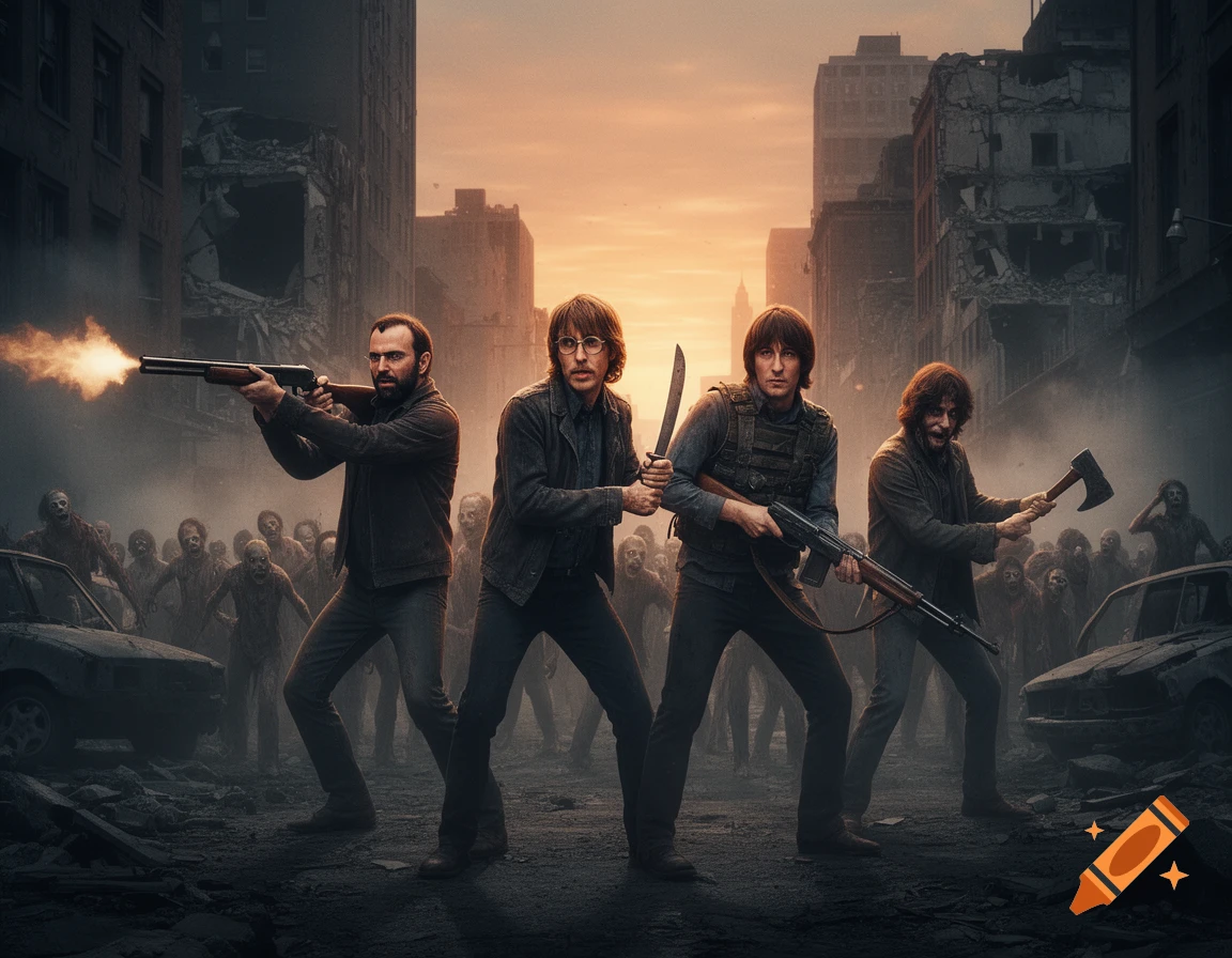 Four men resembling the Beatles fight off a zombie horde in a ruined city at sunset. One shoots a shotgun, another holds a knife and rifle, and the last wields an axe, in a photorealistic style.