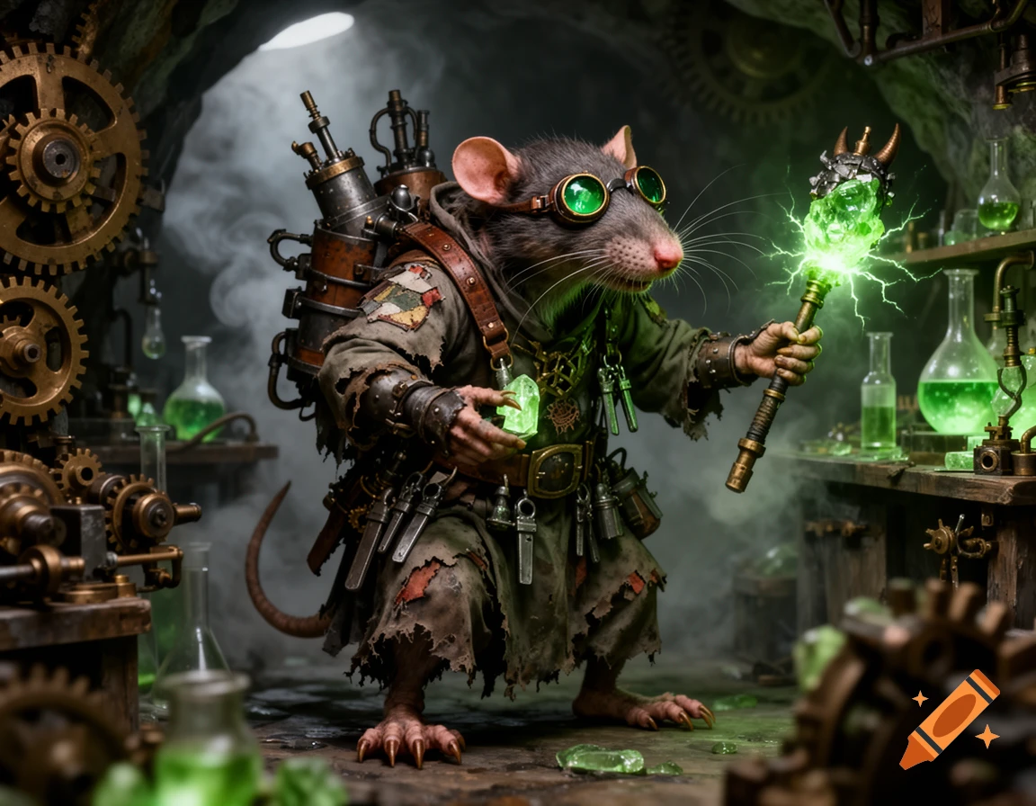 A steampunk rat alchemist wearing goggles and ragged clothes holds a glowing green staff and crystal in a smoky laboratory filled with gears and beakers.