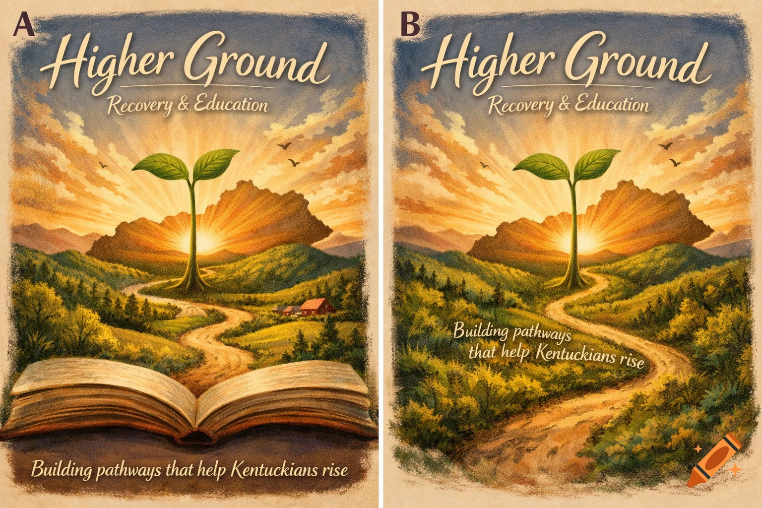 A hand-drawn inspirational illustration with a sprouting plant at the center of a winding path leading to a sunrise over mountains, with an open book in the foreground. Text reads "Higher Ground, Recovery & Education, Building pathways that help Kentuckians rise".