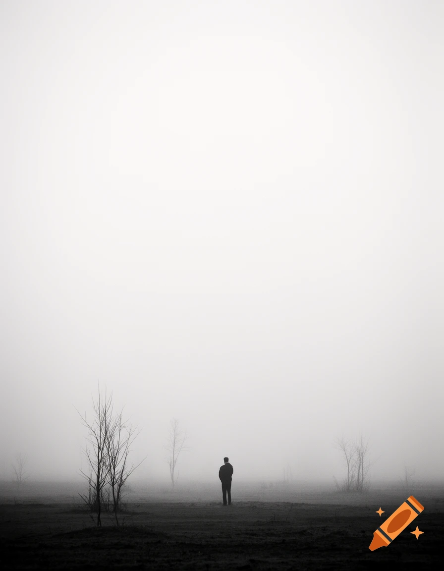 A lone person stands in a minimalist, foggy black and white landscape with sparse, bare trees.