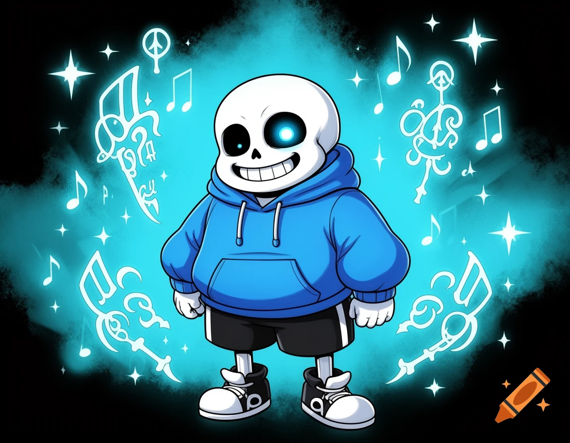Cartoon character Sans from Undertale, a smiling skeleton in a blue hoodie, glowing blue and surrounded by musical notes and magical symbols on a dark background.