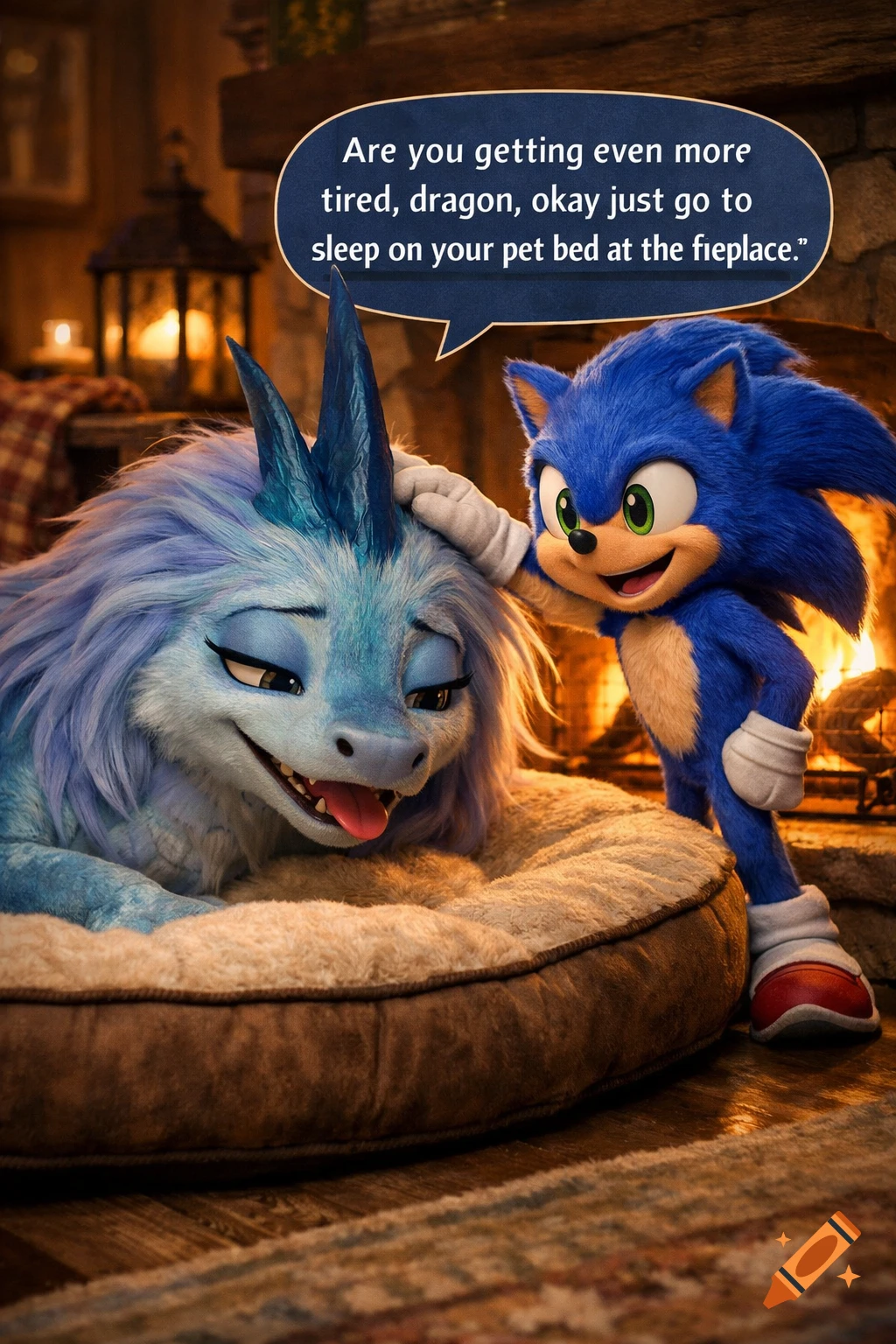 Sonic the Hedgehog gently pets Sisu the dragon as she rests in a pet bed near a warm fireplace, with a speech bubble.