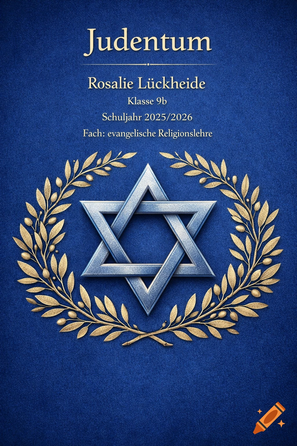 A silver Star of David encircled by a golden olive wreath on a dark blue background, with German text above.