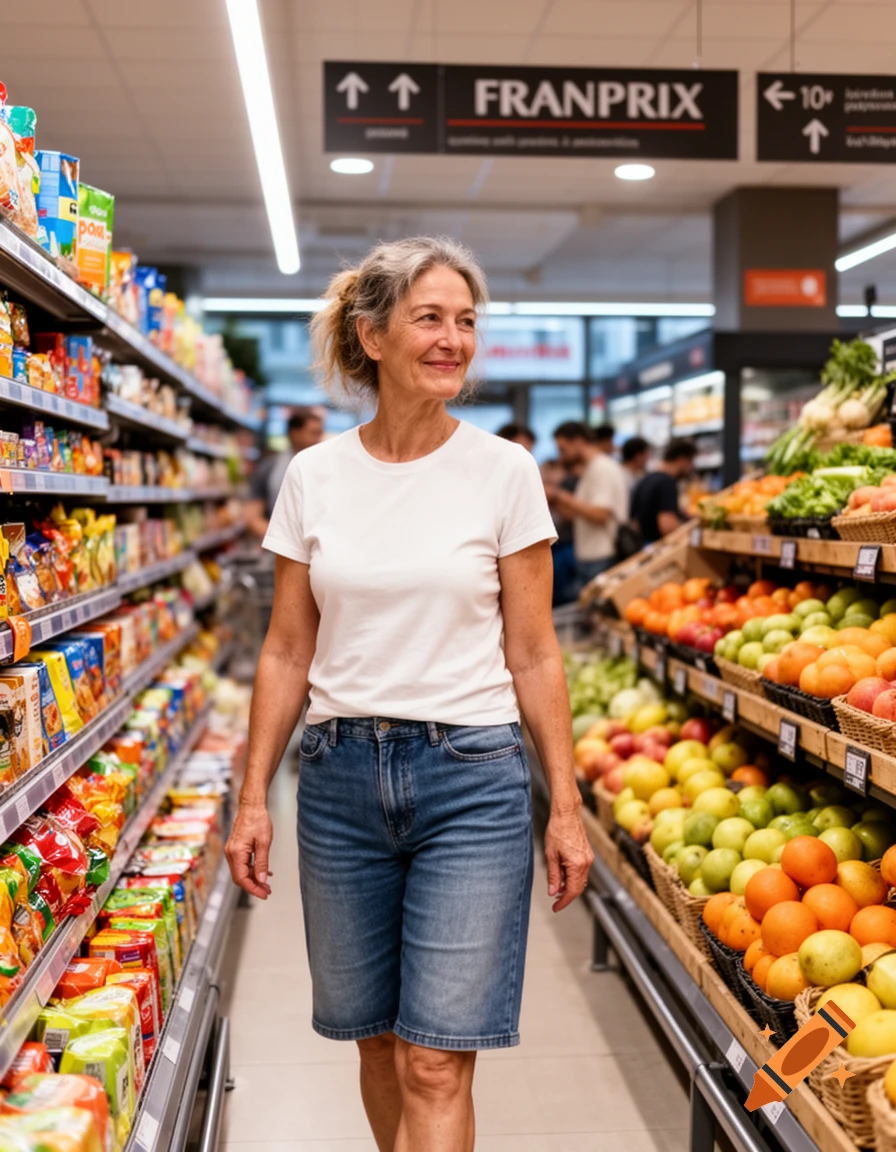 A smiling older woman in a white t-shirt and denim shorts walks down an aisle in a well-stocked supermarket, past shelves of produce and packaged goods.