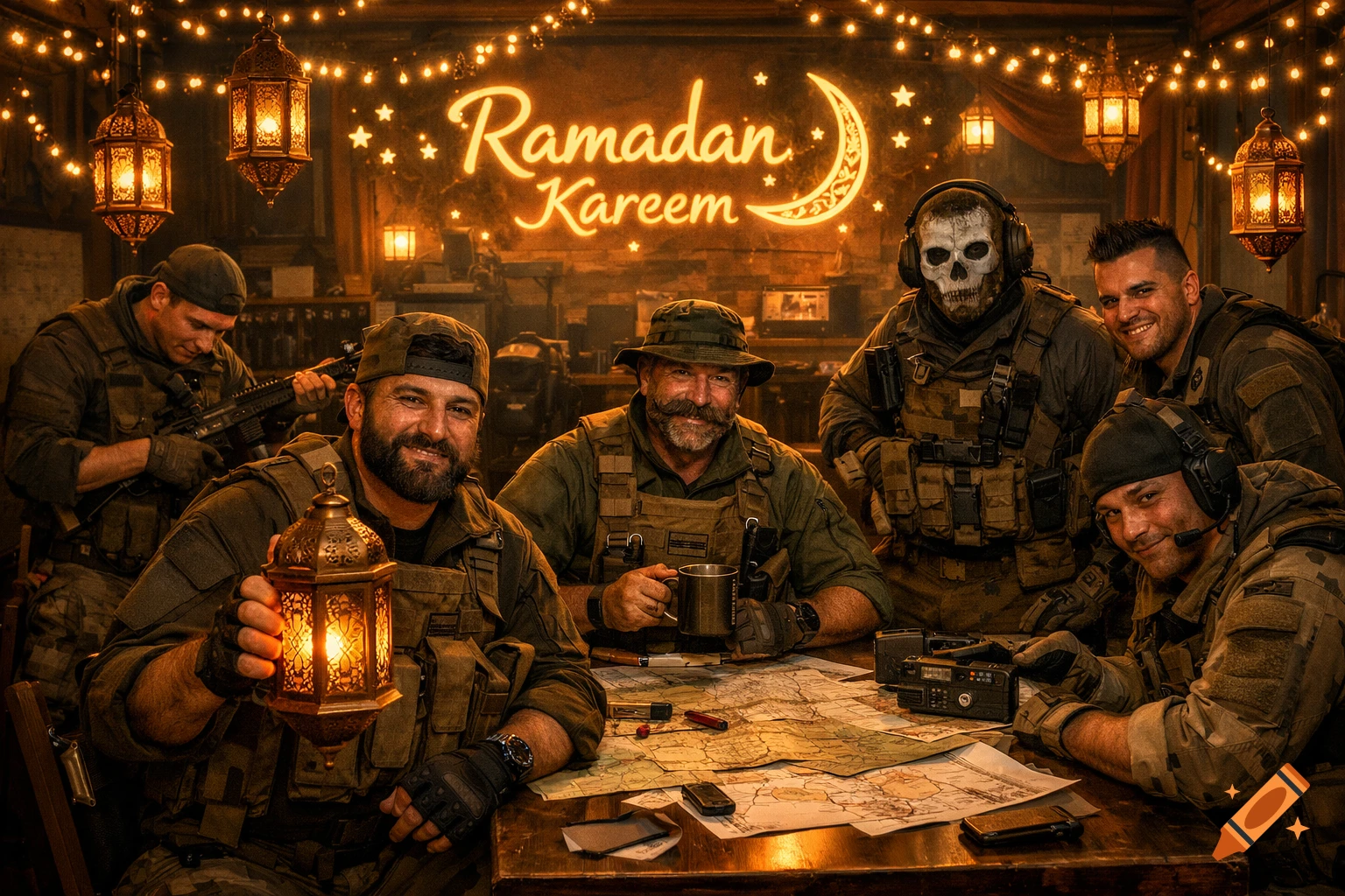 Photorealistic military squad in tactical gear in a planning room, celebrating Ramadan with glowing lanterns and a 'Ramadan Kareem' sign.