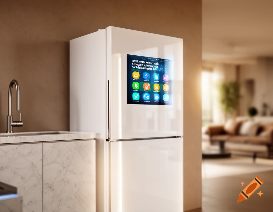 A modern white smart refrigerator with a digital screen displaying apps and German text, next to a sink in a contemporary kitchen.