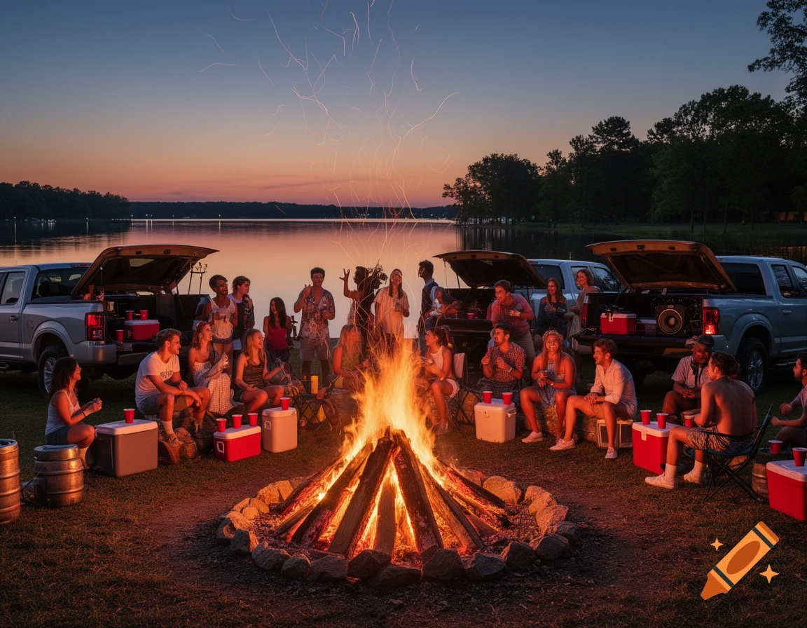 People gather around a large bonfire on a grassy shore next to a lake at sunset, with several pickup trucks parked behind them.
