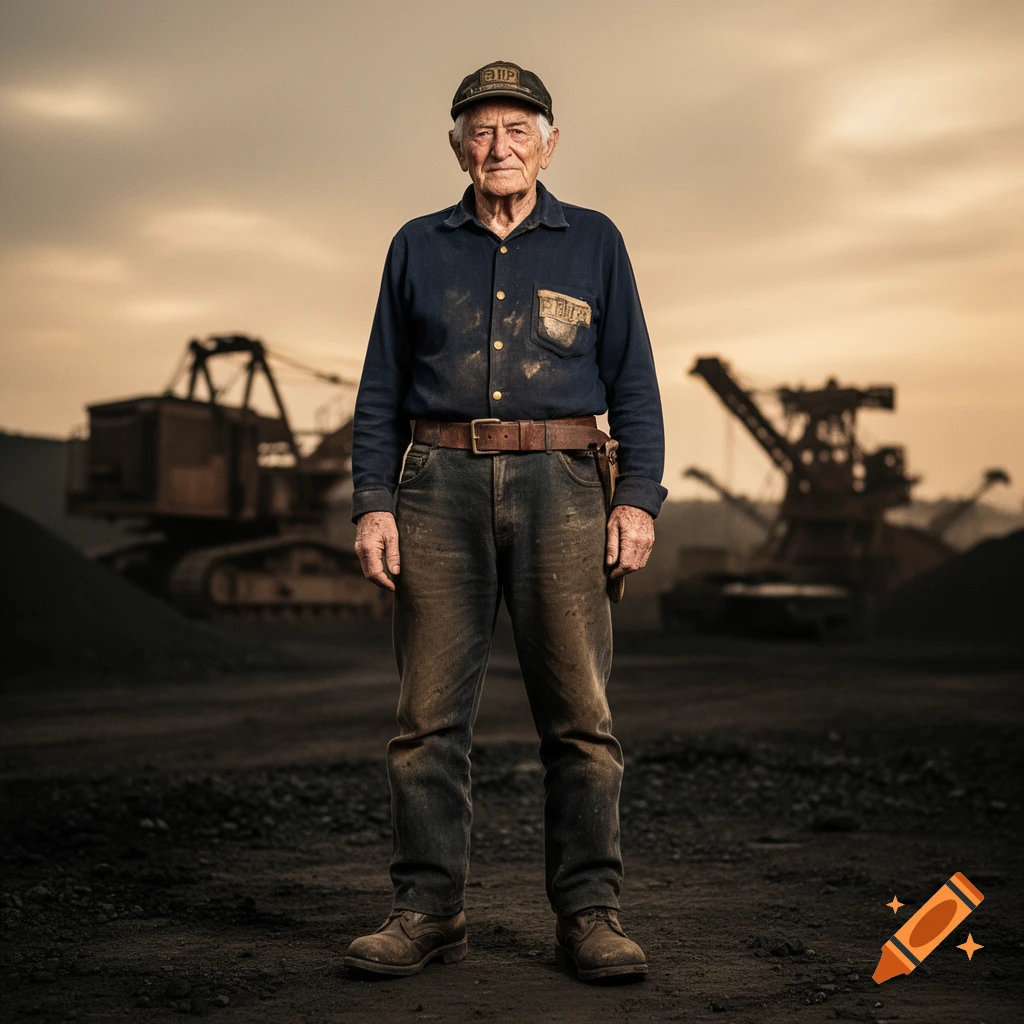 An elderly man in a dirty blue work shirt, jeans, and a cap stands confidently in a vast, dusty industrial landscape with large mining machinery in the background.