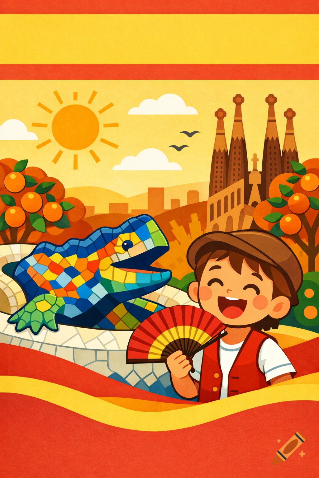 A happy child holds a fan next to a mosaic lizard and Sagrada Familia spires in a sunny flat illustration of Spain.