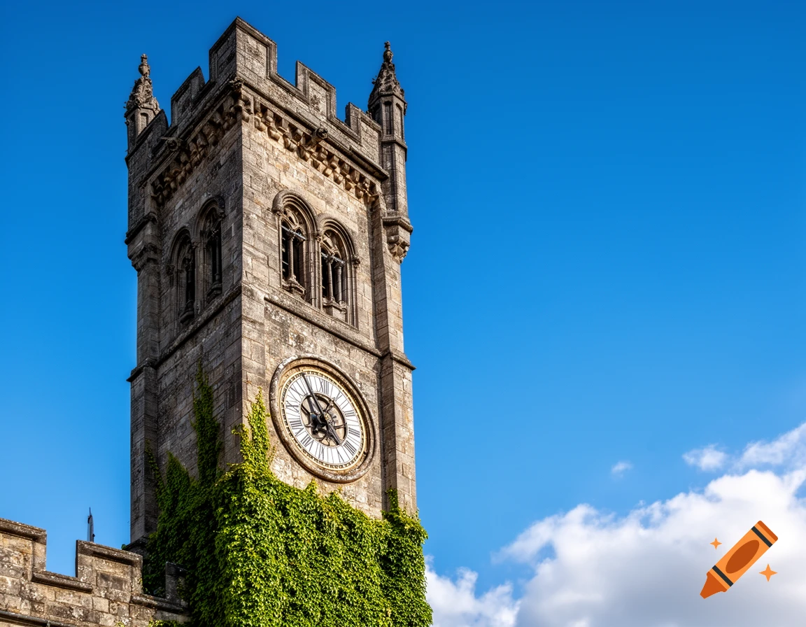 Photorealistic close-up of an old stone clock tower covered in green ivy against a bright blue sky with white clouds.