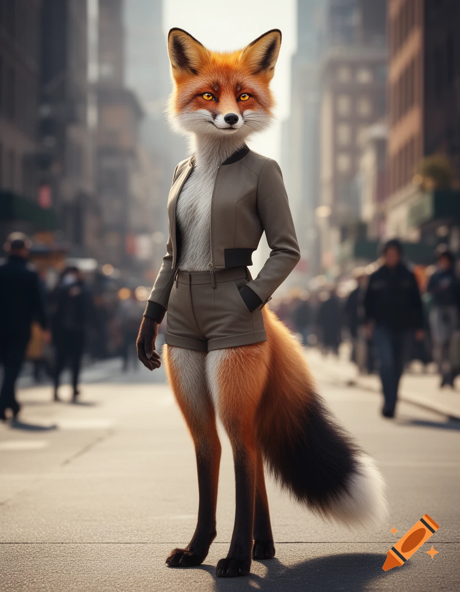Photorealistic anthropomorphic fox in a jacket and shorts stands on a city street.