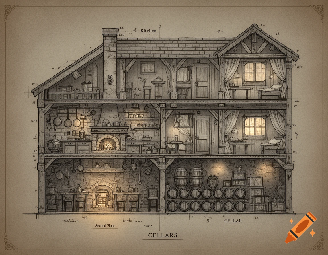 A detailed fantasy-style blueprint illustrating a multi-story tavern, showing a kitchen, second-floor rooms, and a cellar filled with barrels.
