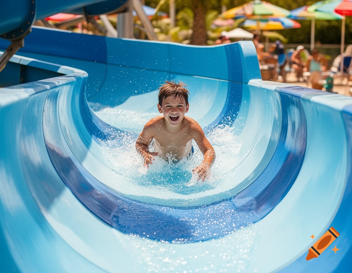 A smiling young boy slides down a blue water slide, splashing water in a sunny water park.