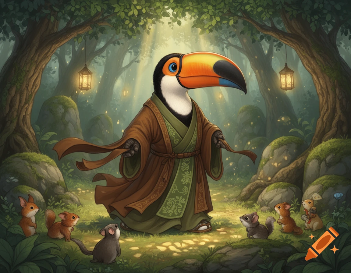 An anthropomorphic toucan in brown and green monk robes stands among small forest animals in a magical forest, children's book style.