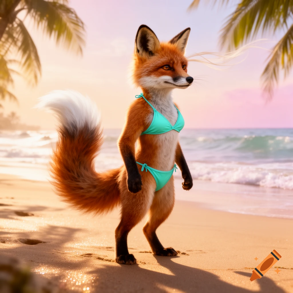 A photorealistic red fox furry in a turquoise bikini stands on a sunny beach with palm trees and ocean.