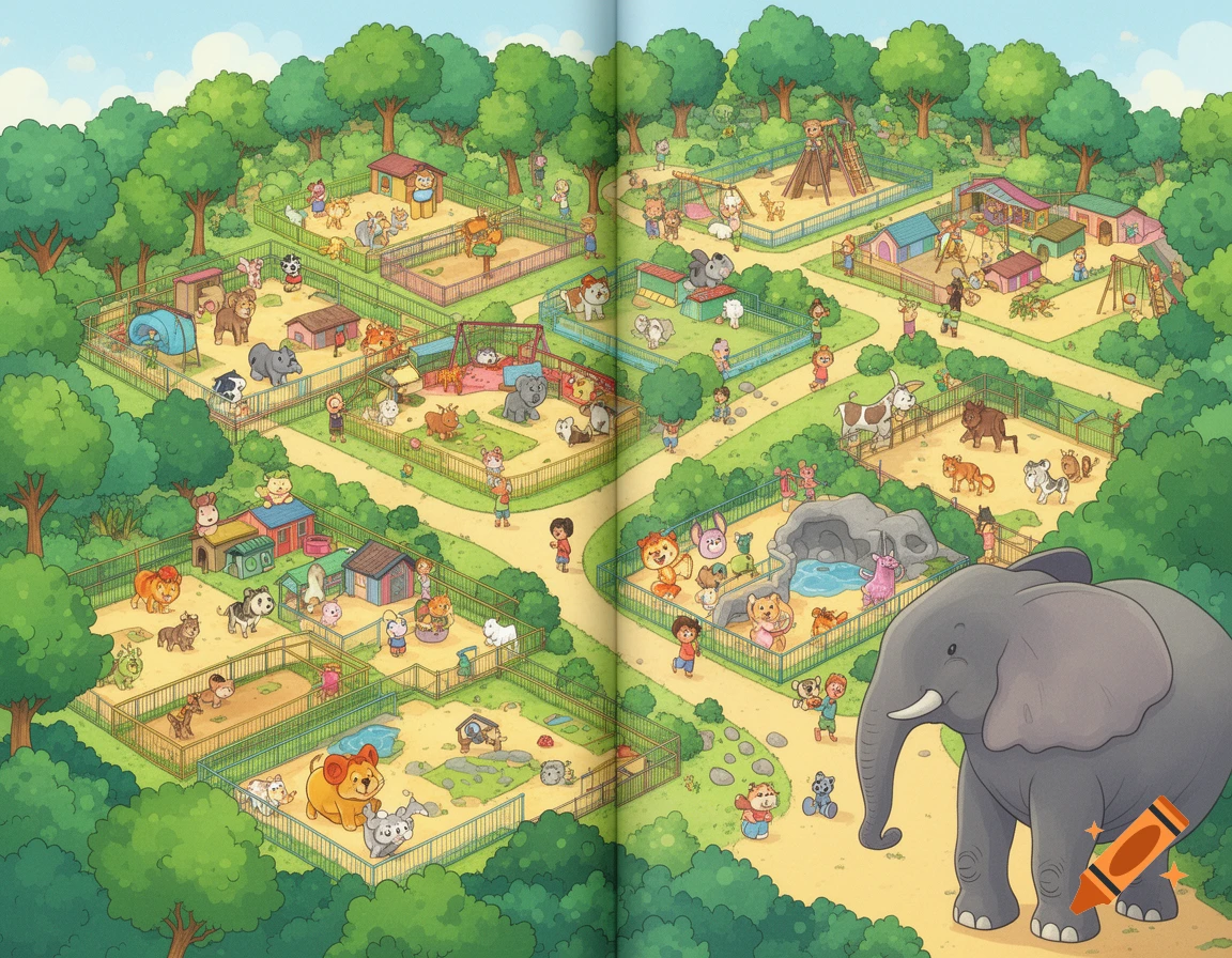 Cartoon overhead view of a busy zoo with various animals in enclosures, children, and a large elephant.