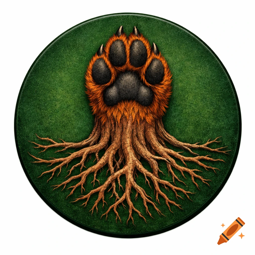 A stylized illustration of an orange fox paw merging into brown tree ...