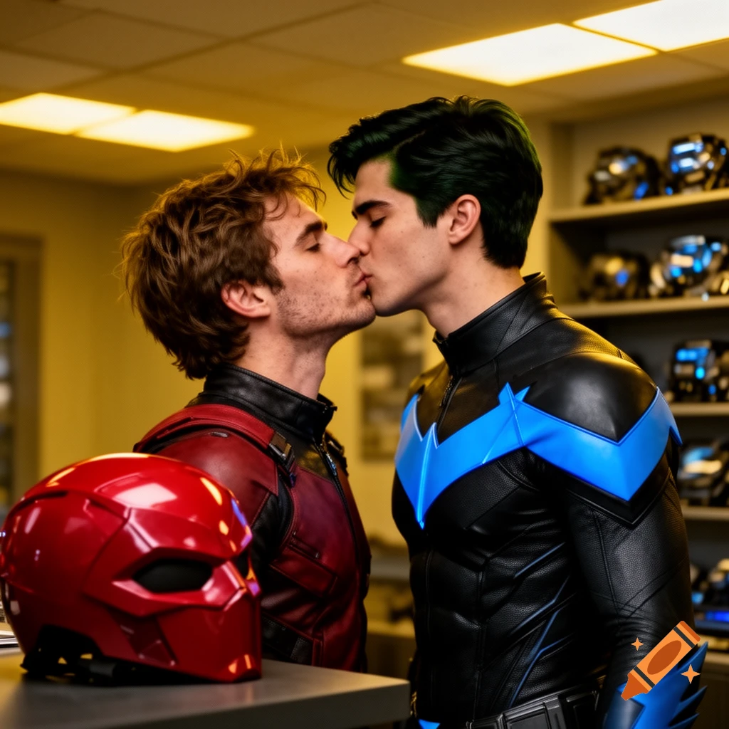 Realistic depiction of Jason Todd (Red Hood) kissing Dick Grayson (Nightwing) in an indoor setting with helmets.
