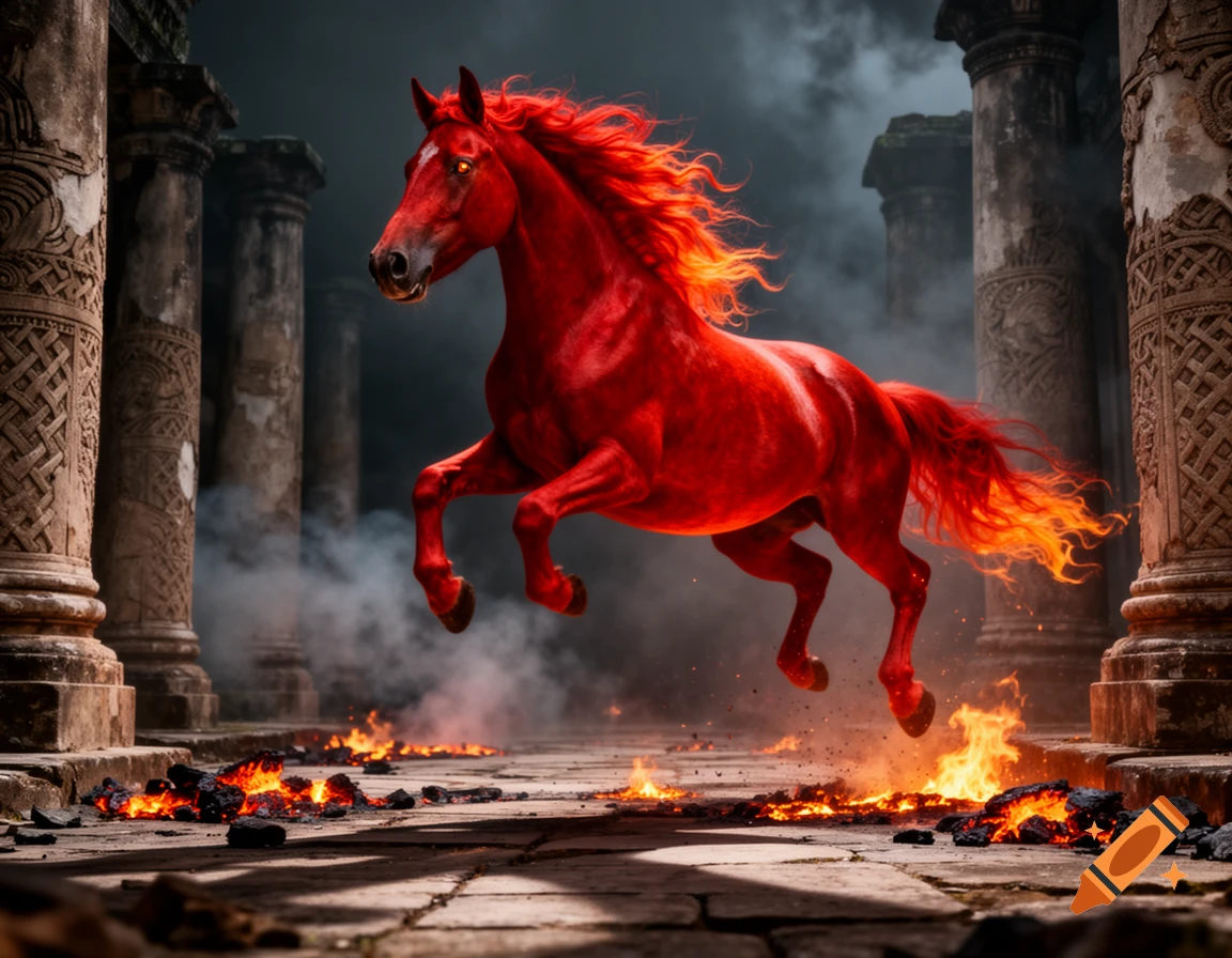 A vibrant red horse with fiery mane and tail rears amidst ancient stone ...