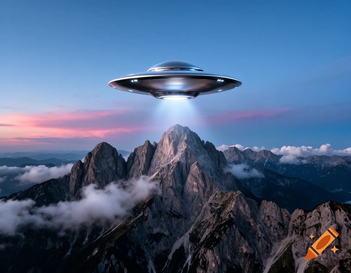 Photorealistic image of a metallic flying saucer UFO with a light beam hovering over dark, rugged mountains and clouds at sunset.