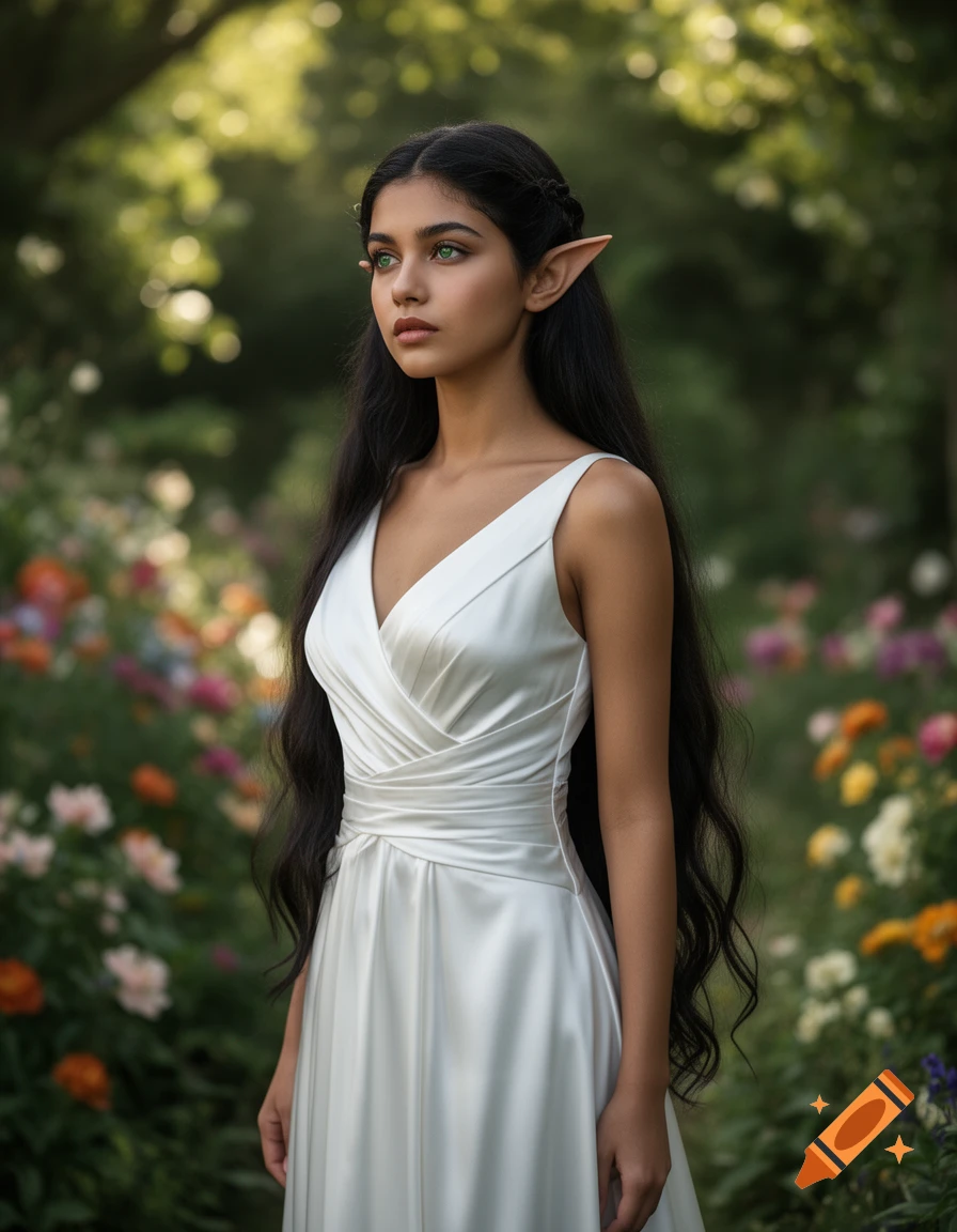 Photorealistic portrait of a beautiful dark-haired elf girl with green ...