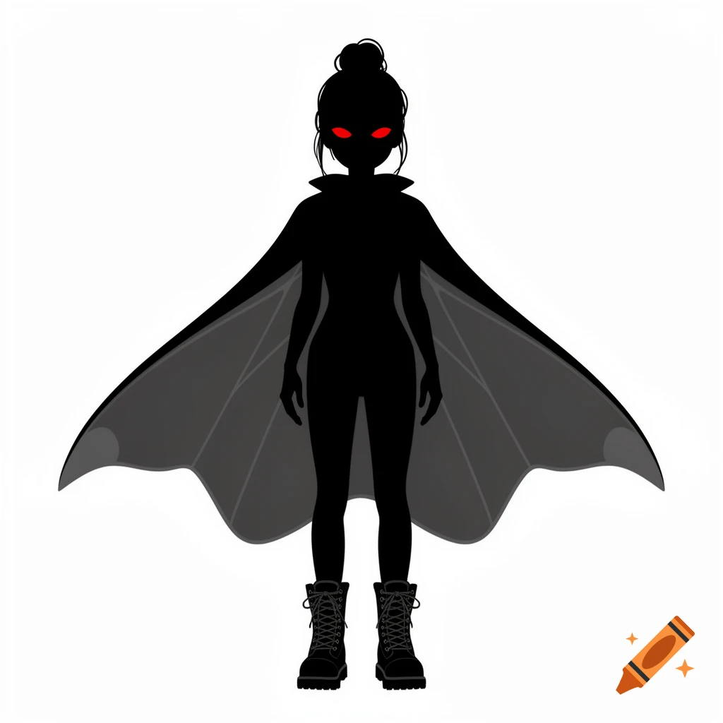 Black silhouette of a girl with red glowing eyes, a hair bun, a large moth wing-shaped cape, and combat boots, in a clip art style.