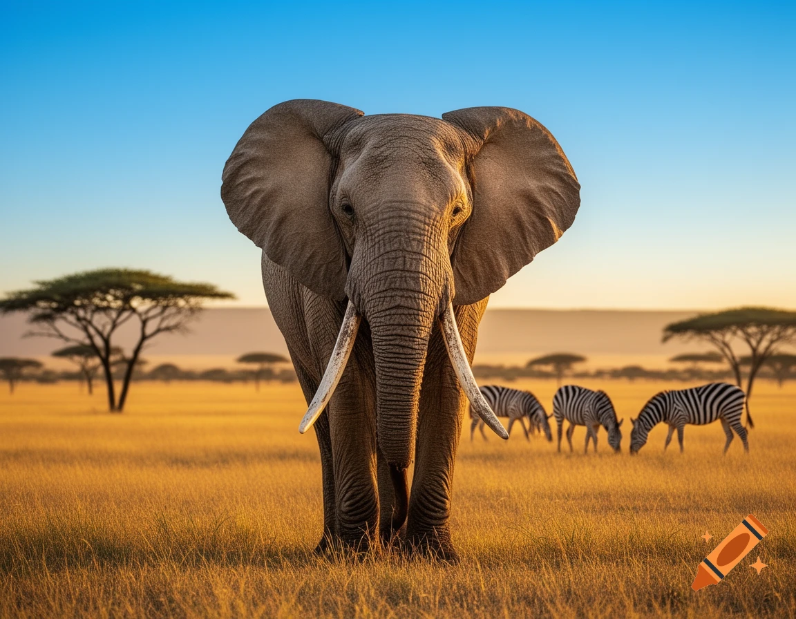 A photorealistic image of a large elephant standing prominently in a golden savanna field, with zebras grazing in the background under a clear blue and orange sky.