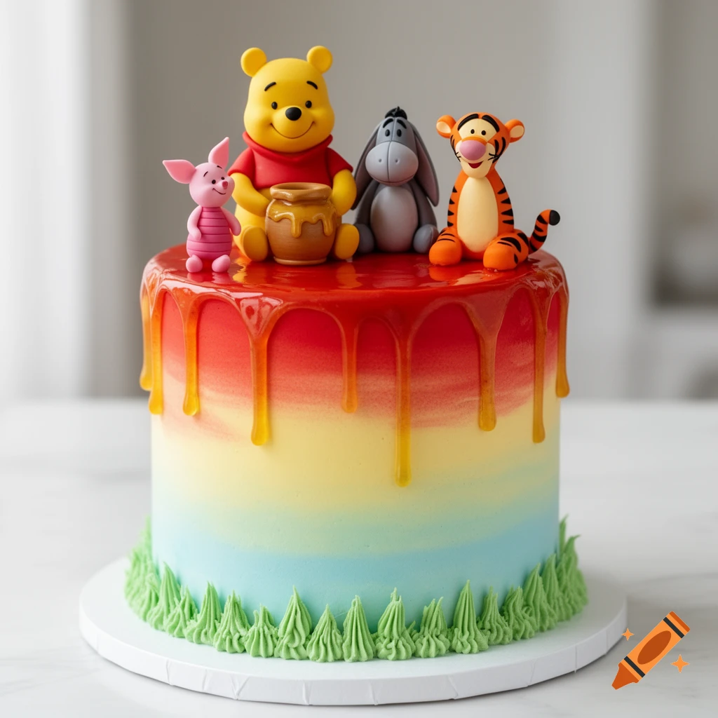A colorful Winnie the Pooh inspired first birthday cake with Pooh, Piglet, Eeyore, and Tigger toy figures on top, a glossy honey drip, and green grass piping.