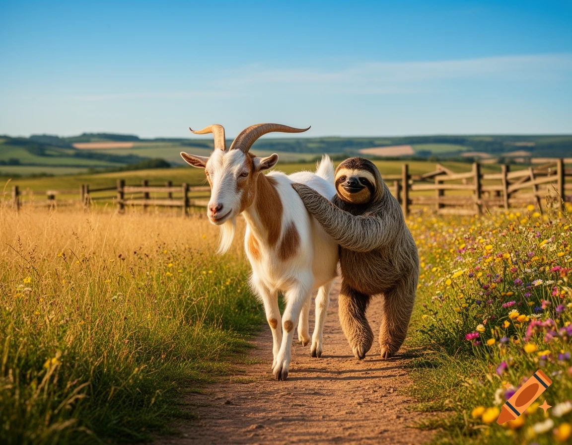 A smiling sloth with its arm around a goat walks down a sunny dirt path through a vibrant grassy field with wildflowers.