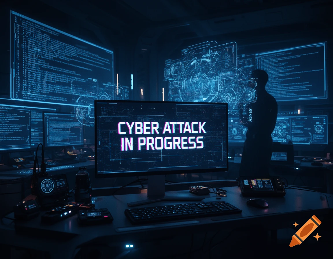 Futuristic control room with blue-lit screens showing data and "CYBER ATTACK IN PROGRESS" on a central monitor, a person silhouetted.