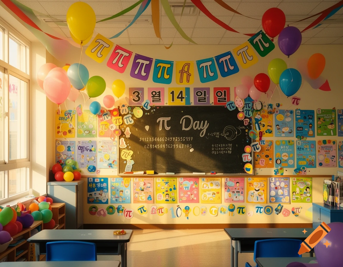 A colorful classroom decorated for Pi Day, with balloons, streamers, and 'π' symbols. The blackboard reads 'π Day' and '3월 14일' (March 14th) is displayed on the wall.