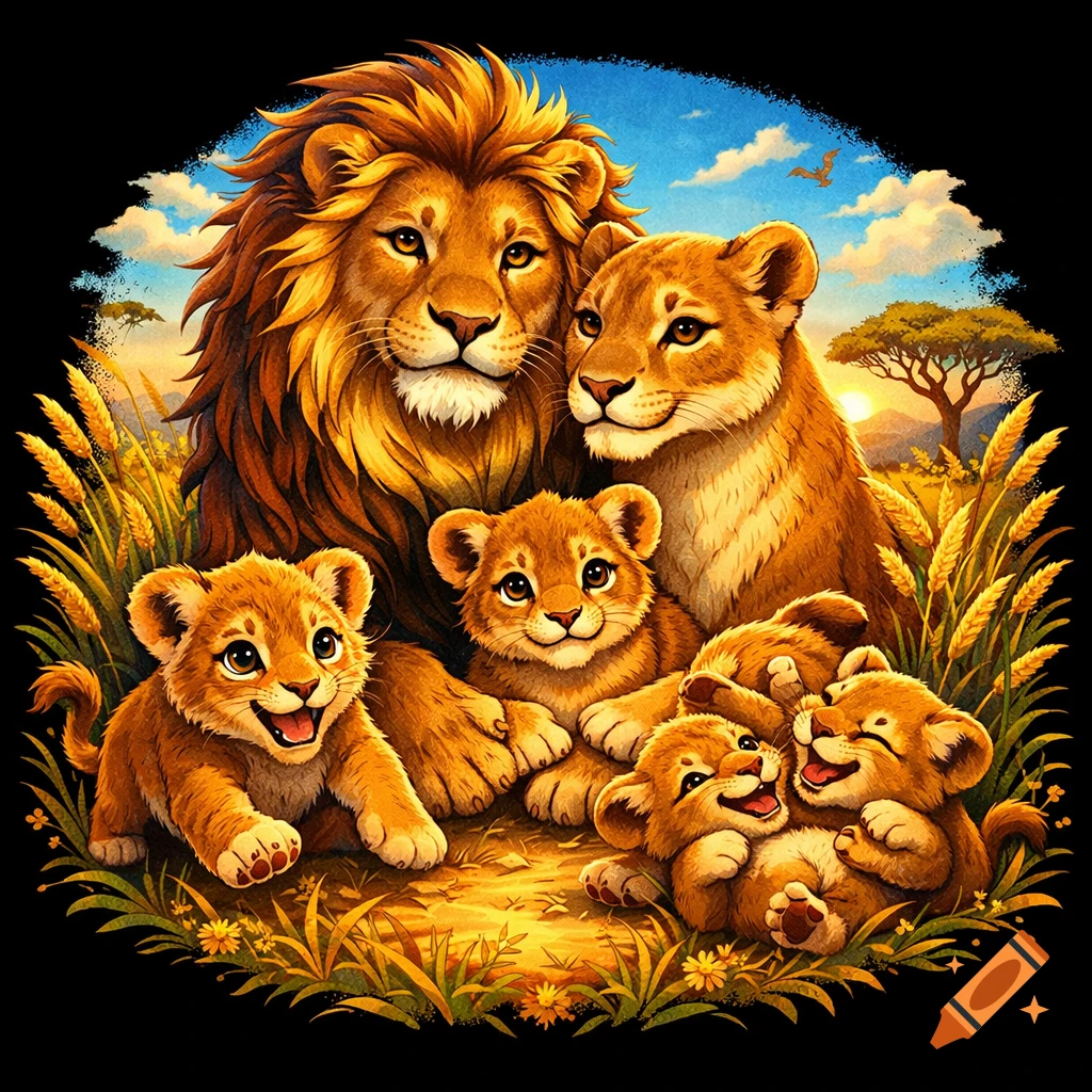 A colorful illustration of a lion family with a male, female, and four cubs playing in a grassy savanna under a blue sky.