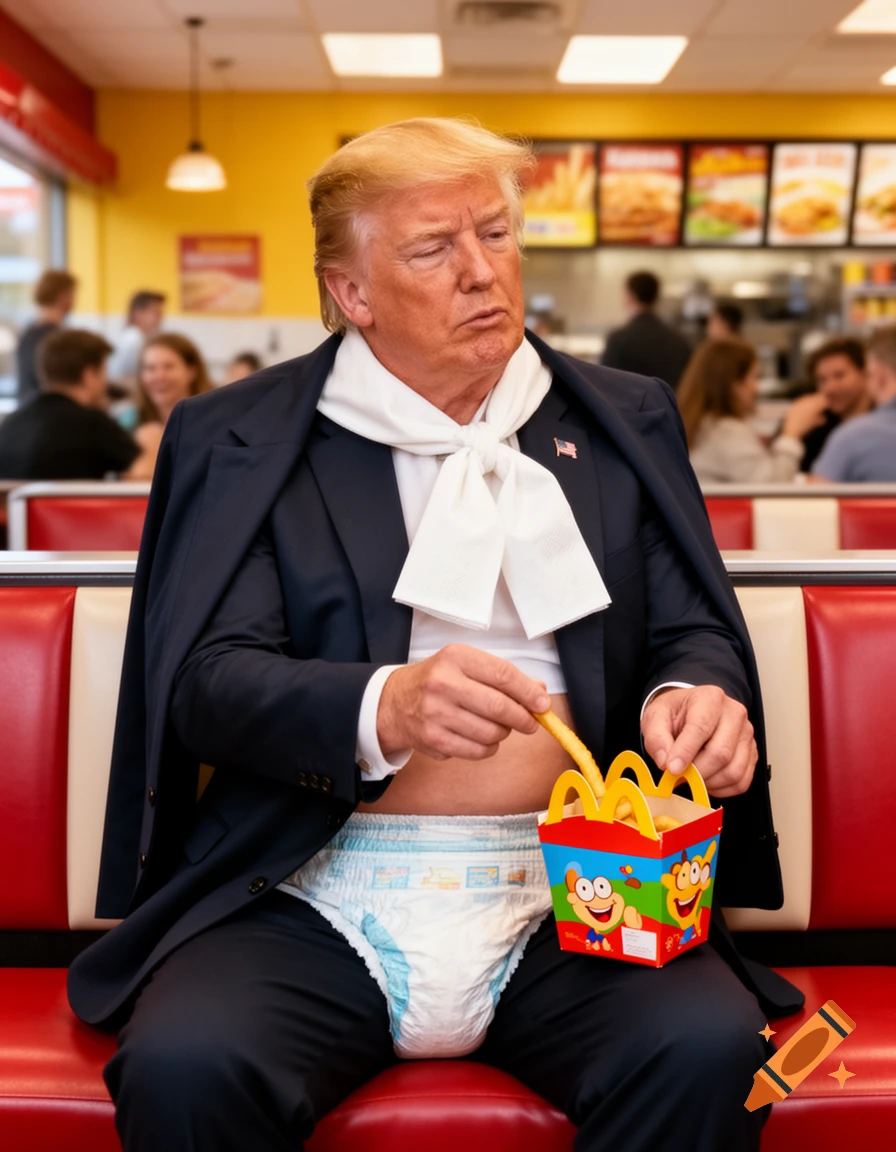 Donald Trump in a suit jacket, white scarf, and a diaper, eating french fries from a Happy Meal box in a fast-food restaurant.