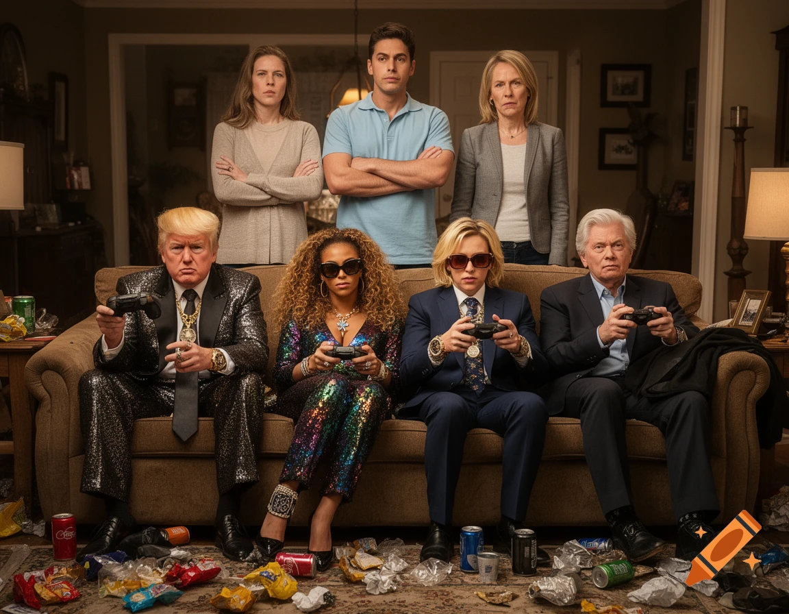 Donald Trump, Beyoncé, and two others play video games on a couch littered with snack wrappers, while two unimpressed parents stand behind them. Photorealistic.