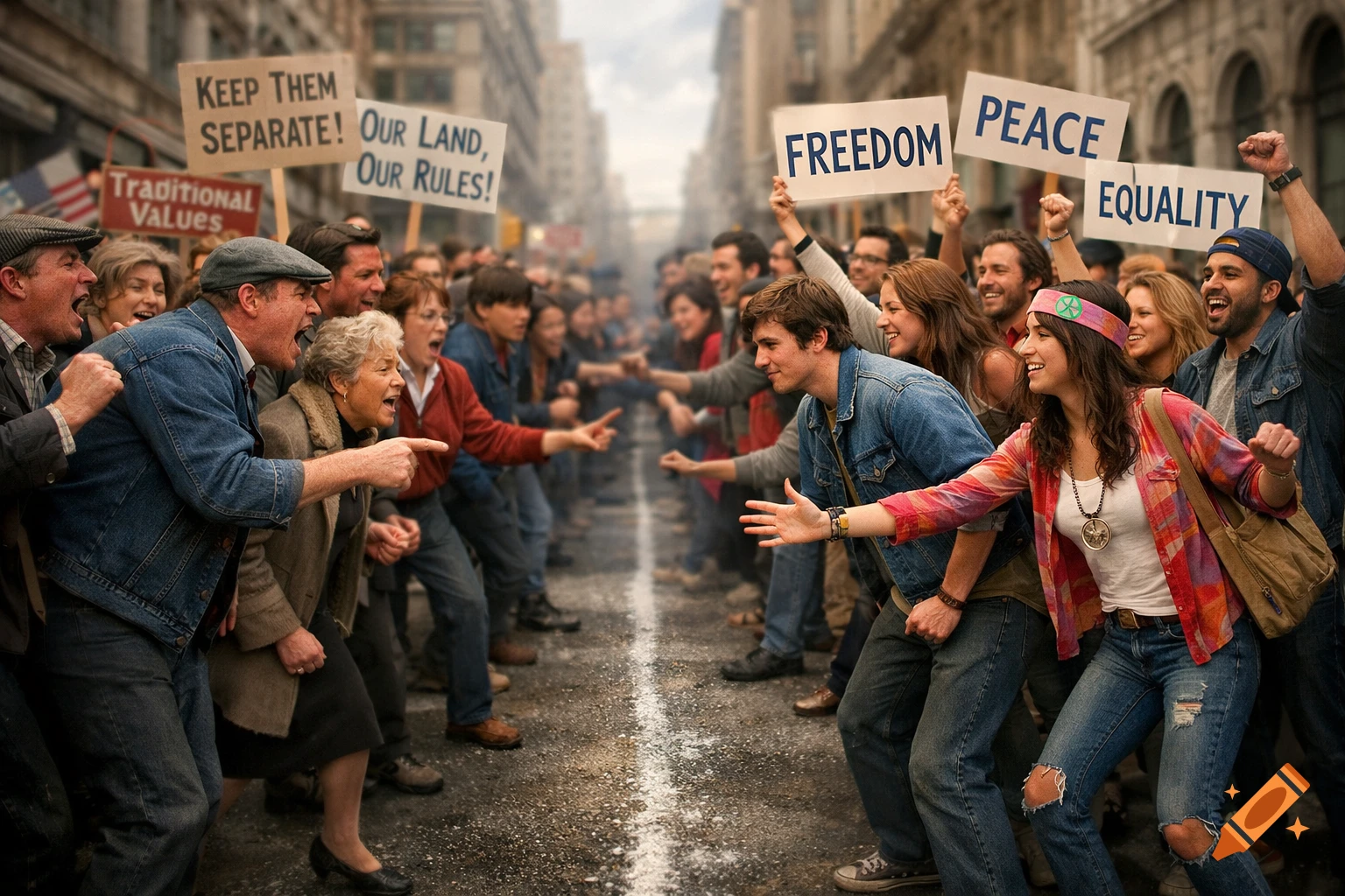 A street protest divides into two groups: one yelling about separation and tradition, the other holding signs for freedom, peace, and equality.