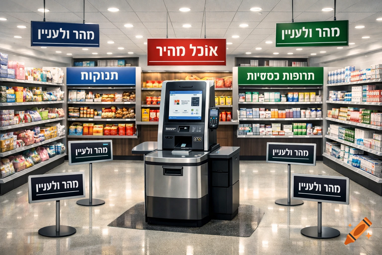 A self-checkout kiosk in the center of a well-lit grocery store with shelves stocked with products and various signs in Hebrew.