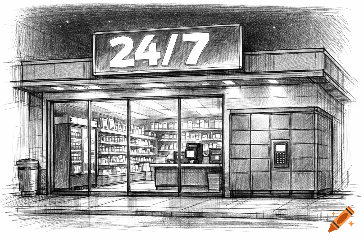 Black and white pencil sketch of a 24/7 convenience store with a lit sign, display windows, and lockers.