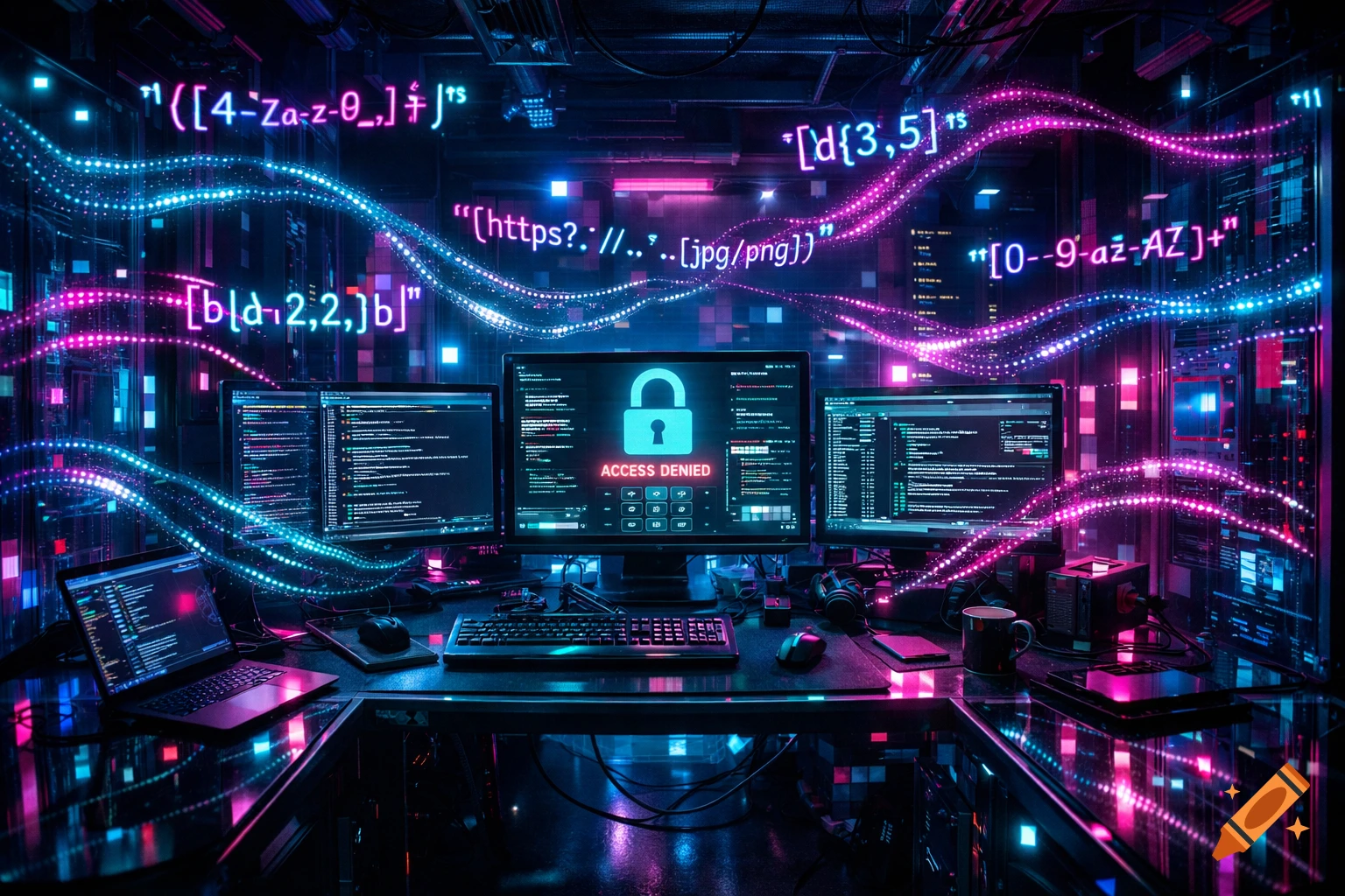 Neon-lit cyberpunk hacker workspace with multiple glowing monitors ...